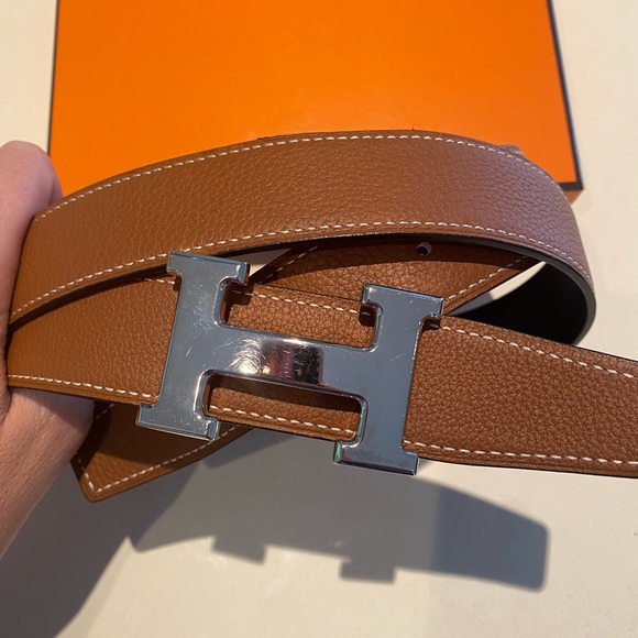 Hermes H Belt Buckle with reversible leather strap in black/tan 32mm - Picture 3 of 6